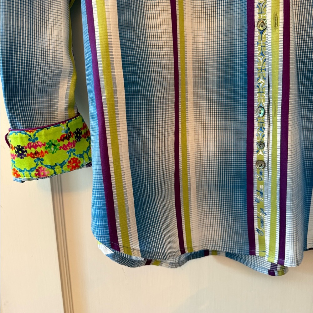 adidas Vertical Stripe Button-Down Shirt in Blue, Purple & Green - Picture 3 of 6